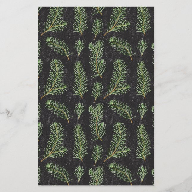 Watercolor pine branches on black background. (Front)