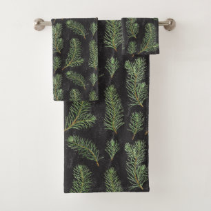 Watercolor pine branches on black background. bath towel set