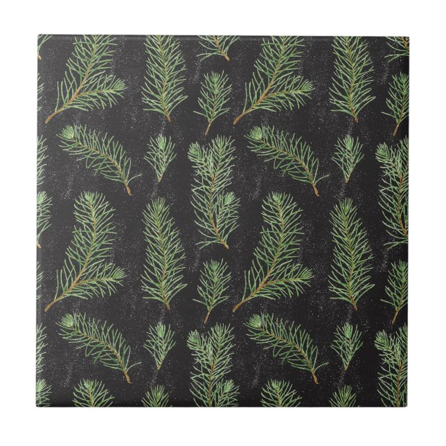 Watercolor pine branches on black background. tile (Front)