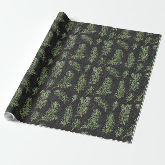 Watercolor pine branches on black background. wrapping paper