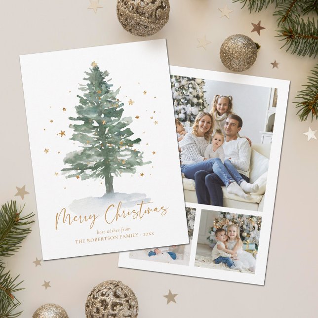 Watercolor Pine Christmas Tree 3 Photo Holiday Card (Creator Uploaded)