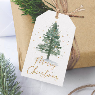 Watercolor Pine Christmas Tree Gold Gift Tags