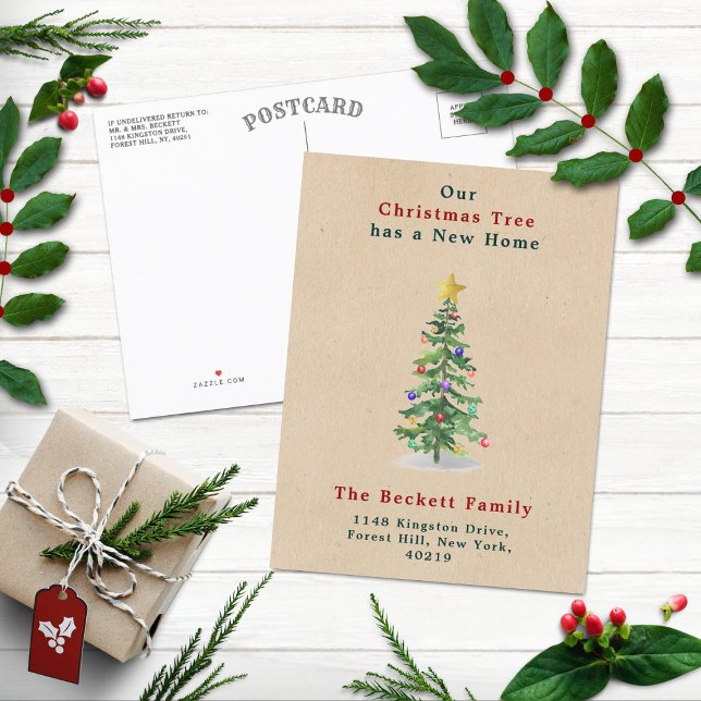 Watercolor Pine Christmas Tree New Home Holiday Announcement Postcard (Creator Uploaded)