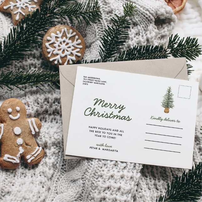 Watercolor Pine Christmas Tree Simple Holiday Post Postcard (Creator Uploaded)