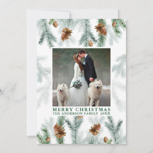 Watercolor Pine Cone Greenery Christmas Green Holiday Card