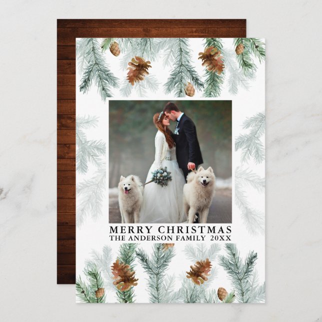 Watercolor Pine Cone Greenery Christmas Wood Holiday Card (Front/Back)