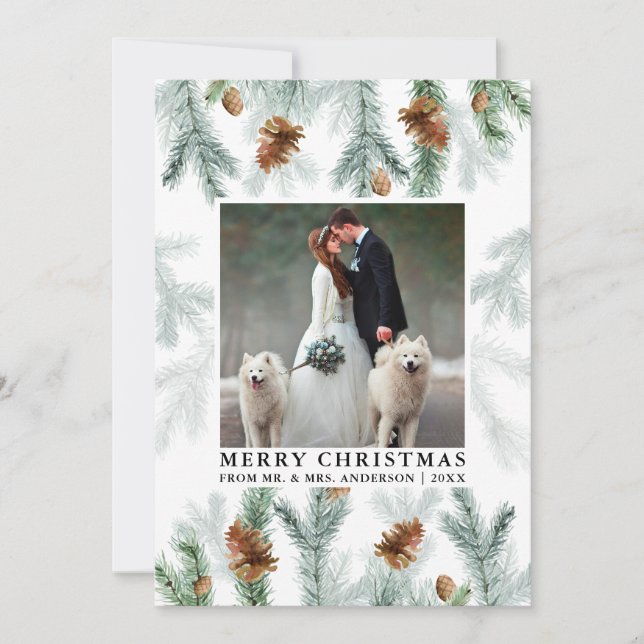 Watercolor Pine Cone Greenery Wedding Photo Holiday Card (Front)