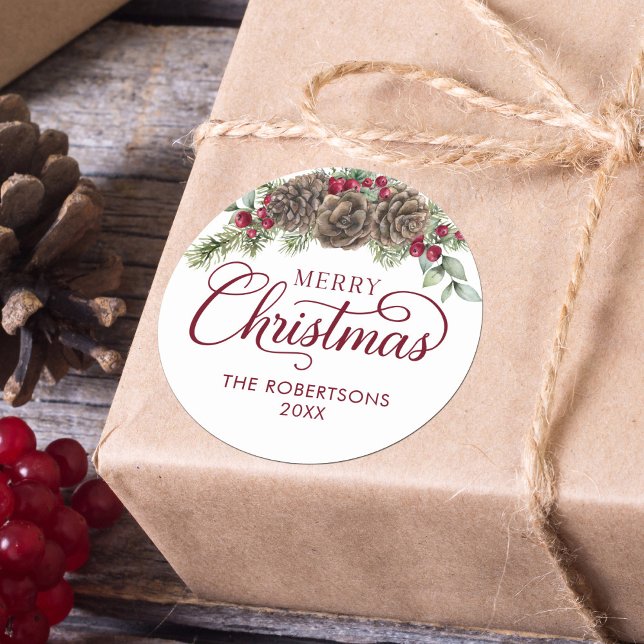 Watercolor Pine Cone Script Merry Christmas  Classic Round Sticker (Creator Uploaded)