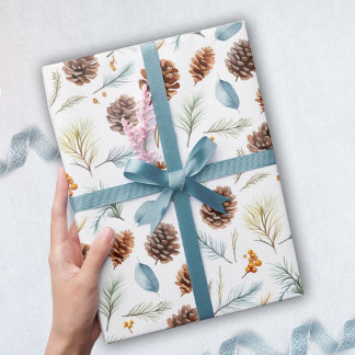 Watercolor Pine cones and branches with berries  Wrapping Paper