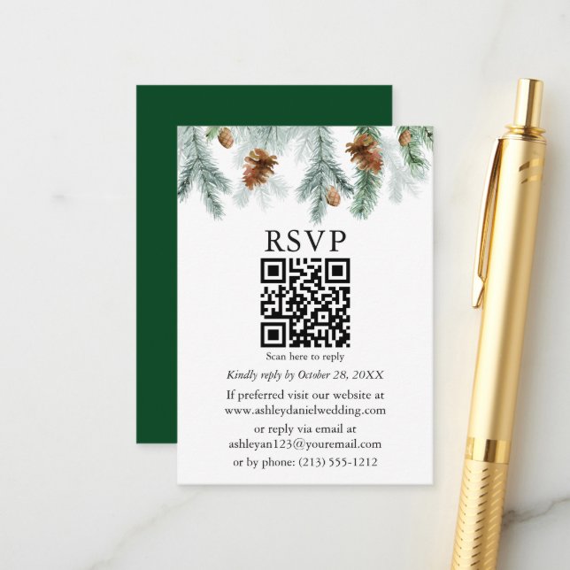 Watercolor Pine Cones Wedding QR RSVP Enclosure Card (Front/Back In Situ)