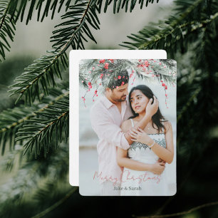 Watercolor Pine Couple Photo Rounded Holiday Card