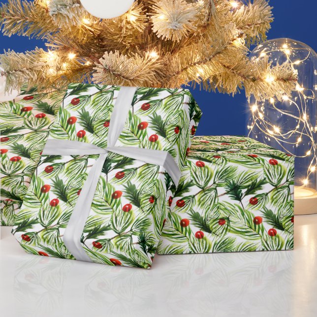 Watercolor Pine Fir Branch Christmas Tree Holiday Wrapping Paper (Holidays)