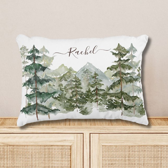 Watercolor Pine Forest and mountain Aesthetic Accent Pillow (In situ)