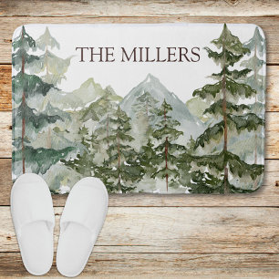 Watercolor Pine Forest and Mountain Rustic Bath Mat