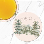 Watercolor Pine Forest and mountain Rustic Coaster<br><div class="desc">Elevate your drinkware with our Watercolor Pine Forest & Mountain Rustic Coasters! Sip in style with vintage charm,  capturing the essence of a green forest and pine trees. An elegant touch for your drinks,  perfect as a kitchen gift!  #WoodlandVibes!</div>
