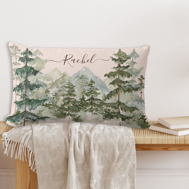 Watercolor Pine Forest and mountain Rustic Lumbar Pillow (In situ on wood bench)