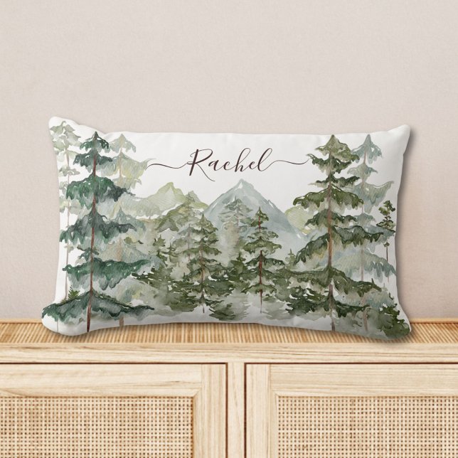 Watercolor Pine Forest and mountain Rustic Lumbar Pillow (In situ)