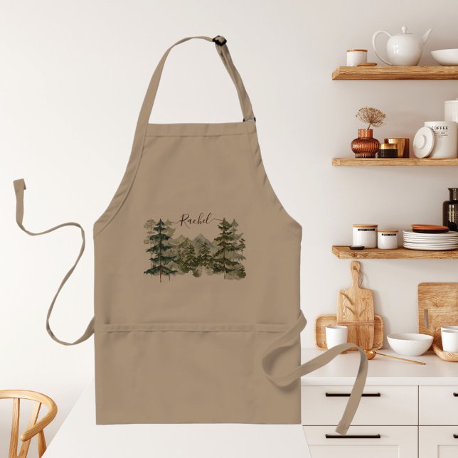 Watercolor Pine Forest and mountain Rustic Standard Apron (In situ kitchen)