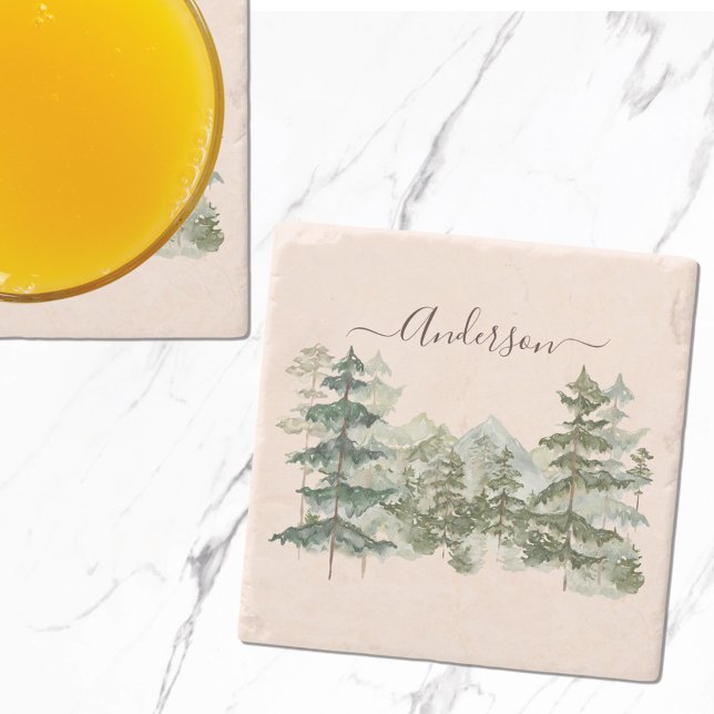 Watercolor Pine Forest and mountain Rustic Stone Coaster (In situ on table)
