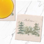 Watercolor Pine Forest and mountain Rustic Stone Coaster<br><div class="desc">Elevate your table with our Rustic Watercolor Pine Forest & Mountain stone coaster. Personalize with your name. Nature's charm at your fingertips!</div>