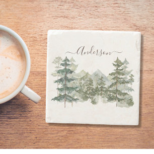 Watercolor Pine Forest and mountain Rustic Stone Coaster