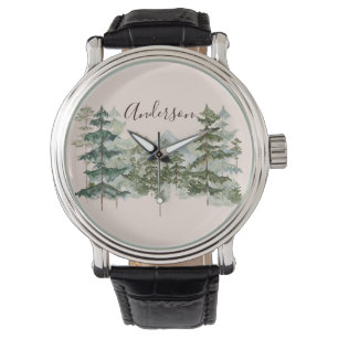 Watercolor Pine Forest and mountain Rustic Watch