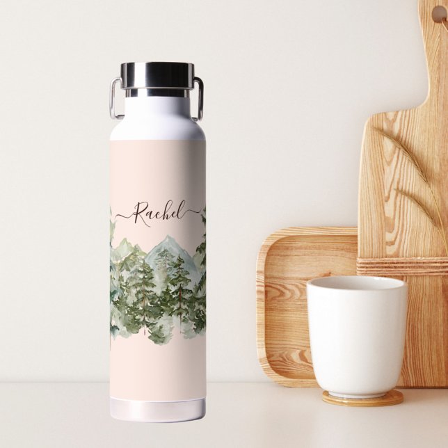 Watercolor Pine Forest and Mountain Rustic Water Bottle (In situ kitchen)