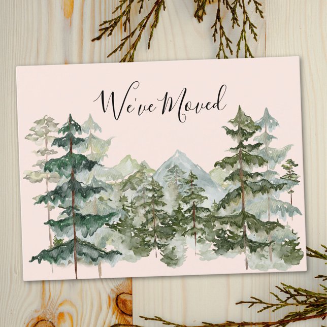 Watercolor Pine Forest Mountain Rustic We Moved Postcard (Close up)