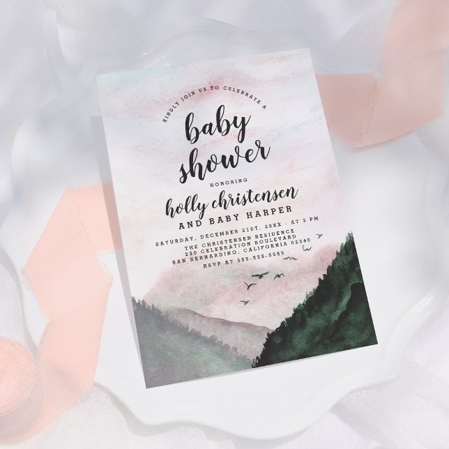 Watercolor Pine Forest & Mountains Baby Shower Invitation (Creator Uploaded)