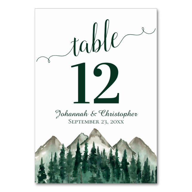 Watercolor Pine Forest & Mountains Rustic Wedding Table Number (Front)