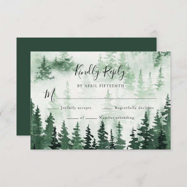 Watercolor Pine Forest Wedding RSVP card  (Front/Back)