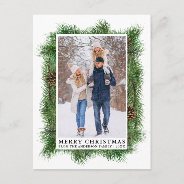 Watercolor Pine Frame Family Photo Holiday Postcard (Front)