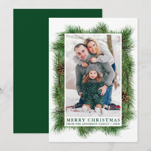 Watercolor Pine Frame Green Family Photo Holiday Card