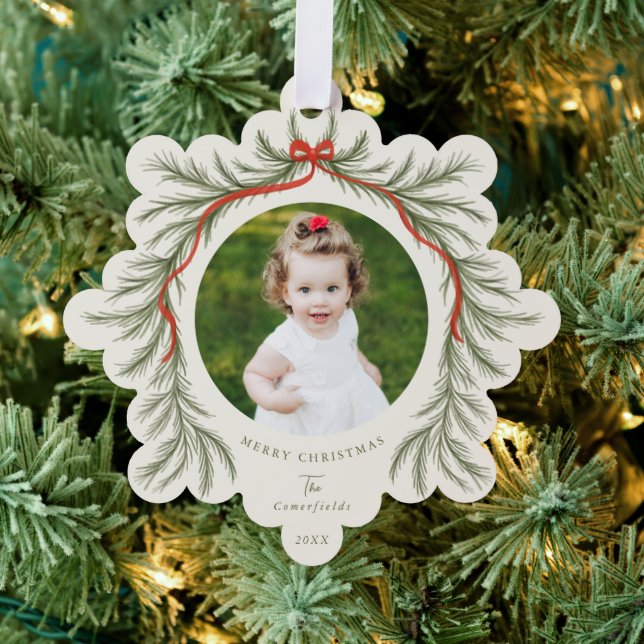 Watercolor Pine Garland Red Bow Photo Ornament Card (Insitu (Tree))