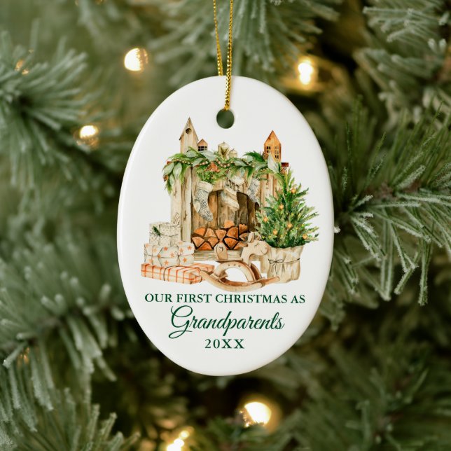 Watercolor Pine Grandparents First Christmas Ceramic Ornament (Tree)