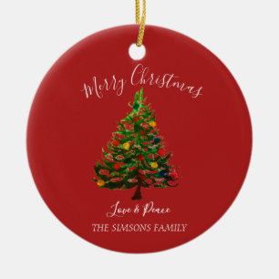 Watercolor Pine Merry Christmas Tree Ceramic Ornament