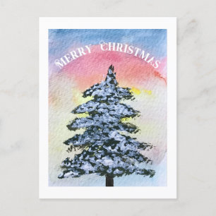 Watercolor Pine Merry Christmas Tree  Holiday Postcard