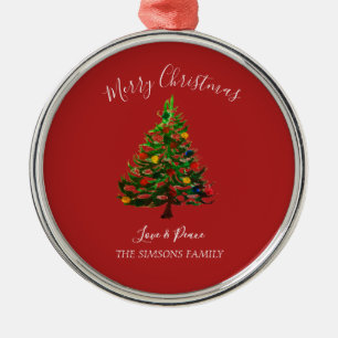 Watercolor Pine Merry Christmas Tree Metal Ornament