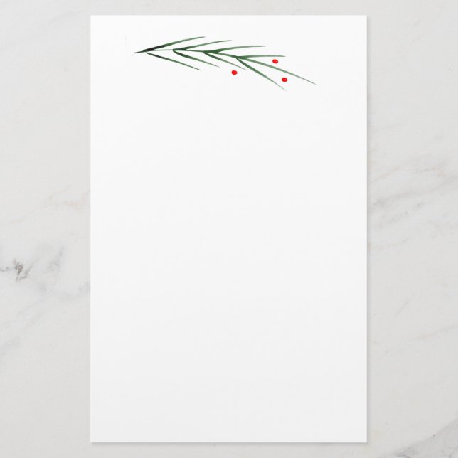 Watercolor Pine Needles and Berries Stationery (Front)