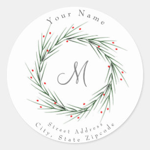 Watercolor Pine Needles and Berries Wreath Classic Round Sticker