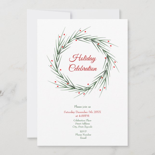 Watercolor Pine Needles and Berries Wreath Invitation (Front)