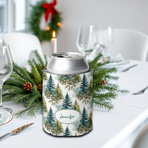 Watercolor Pine Pattern Elegant Winter Can Cooler