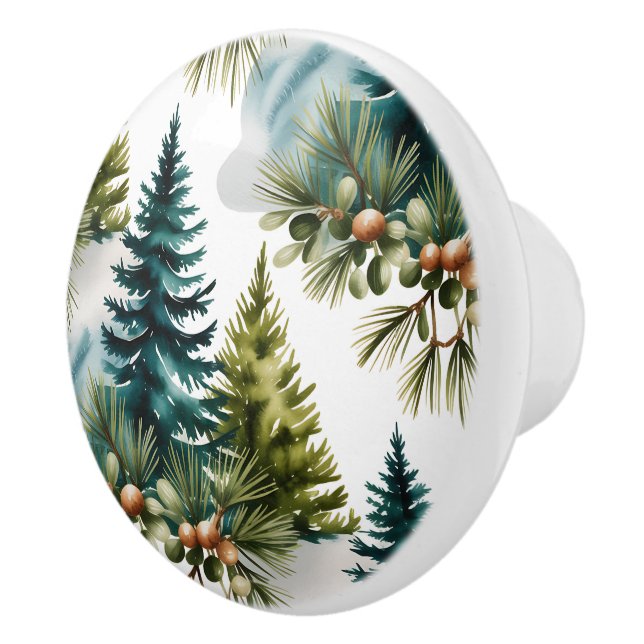 Watercolor Pine Pattern Elegant Winter  Ceramic Knob (Right)