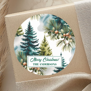 Watercolor Pine Pattern Elegant Winter  Classic Round Sticker