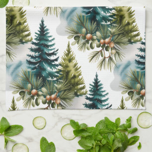 Watercolor Pine Pattern Elegant Winter Kitchen Towel