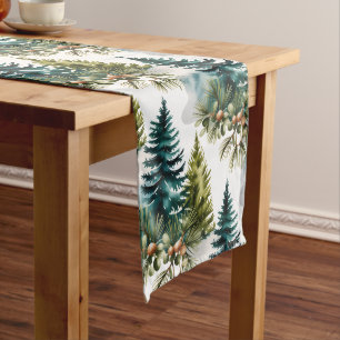 Watercolor Pine Pattern Elegant Winter Long Table Runner