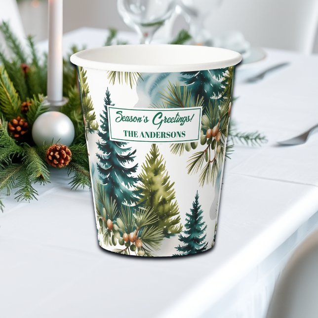 Watercolor Pine Pattern Elegant Winter  Paper Cups (Creator Uploaded)