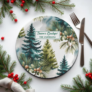 Watercolor Pine Pattern Elegant Winter  Paper Plate