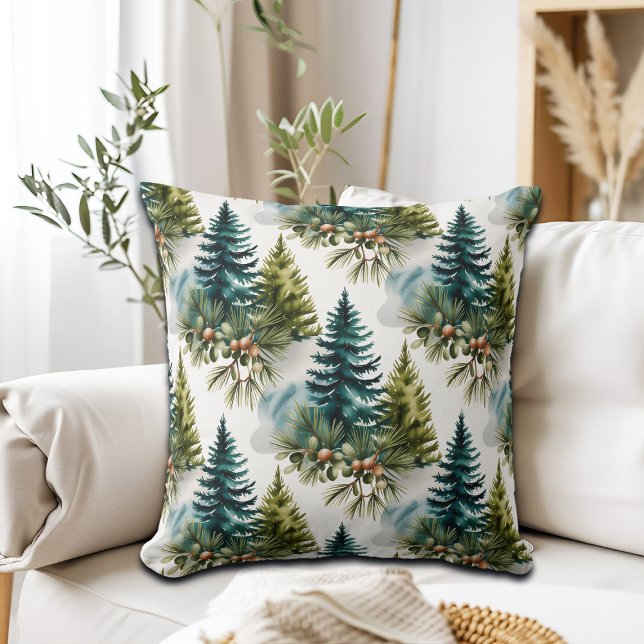 Watercolor Pine Pattern Elegant Winter Throw Pillow (Creator Uploaded)