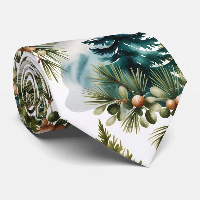 Watercolor Pine Pattern Elegant Winter  Tie (Rolled)